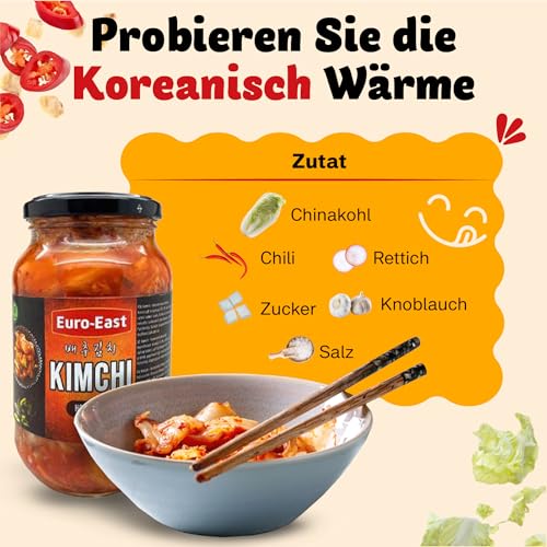 Euro-East Kimchi, Koreanisch Vegan und Glutenfrei eingelegter Chinakohl im koreanischen Stil, leicht Schärfe für europäischen Geschmack, Groß 1er pack (1x3000g)