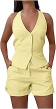 2 Piece Outfits Women Formal Co Ord Sets Shorts Lounge Set Sleeveless V Neck Waistcoat Ladies Tailored Shorts With Pockets Airport Outfit Casual Tracksuit For Office Work Streetwear