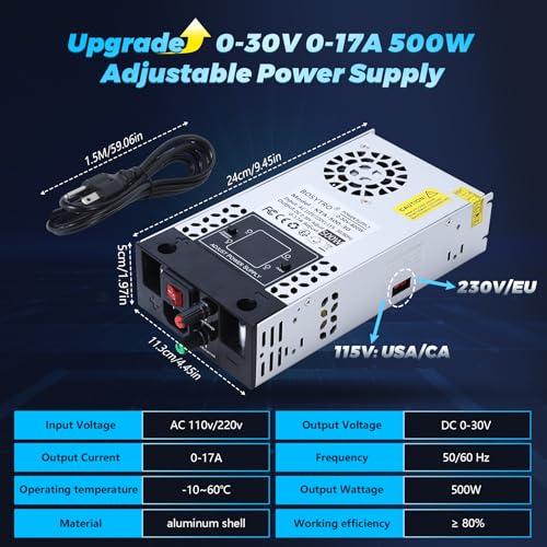 Upgraded AC to DC Converter 5V 12V 24V 30V DC Power Supply Adjustable 0-30V 0-17A 500W Switching Power Supply for Led Strip, Motor Pump, CCTV, 3D Printer, Lab Computer2