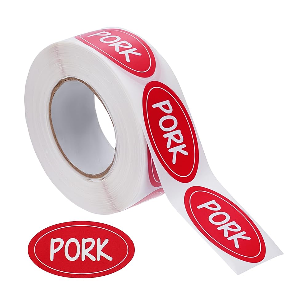 FINGERINSPIRE 500Pcs Pork Food Labels 25x45mm Pork Oval Adhesive Stickers Grocery Store Food Labels Word Pattern Meat Label Kitchen Stickers for Envelopes Bubble Mailers and Bags