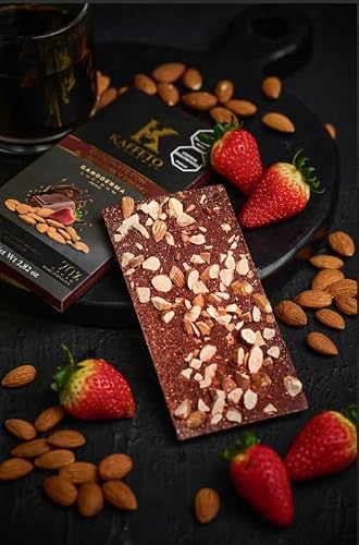 Kaffeto 70% Cacao Dark Chocolate Almonds and Strawberry. Reishi Mushroom. 3 Bars