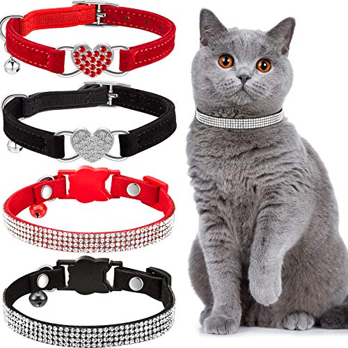 Weewooday 4 Pieces Rhinestone Cat Collar Heart Bling Breakaway Cat Collar Soft Velvet Collar with Rhinestone Love Heart Adjustable Safety Cat Collar with Bell for Kitty