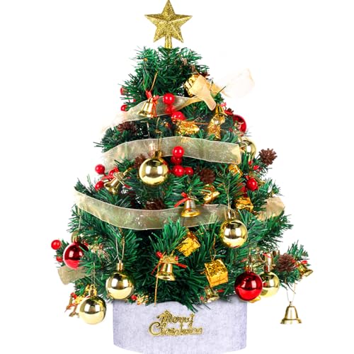 Mini Albero Di Natale Artificiale, 24 Pollici Piccolo Albero Di Natale Da Tavolo Con Stand, Xmas Pine Tree Decorato Scatole Regalo E Appendere Ornamenti Per La Decorazione Casa Ufficio