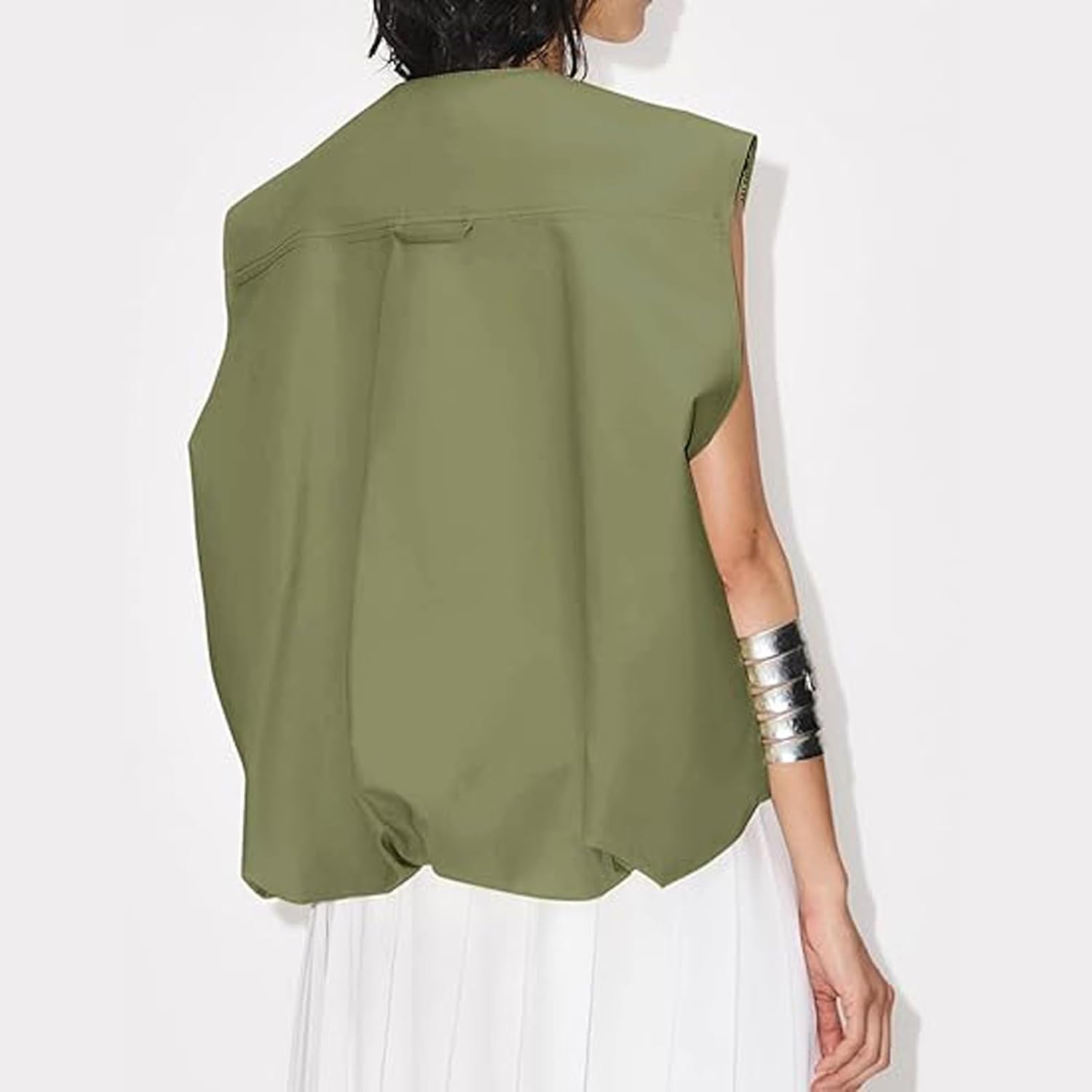 Women Cargo Vest Oversize Cropped Sleeveless Jacket Lightweight Ruffle Ruched Fashion Tops Summer Casual Zip Up Outfit - Image 3