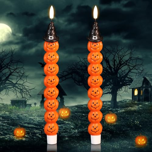 Image of Halloween Flameless Taper Candles with 6H Timer, 2 Pcs Hand-Painted Stacked Pumpkins LED Candlesticks with 3D Flickering Flame for Home Fall Indoor Halloween Decor(0.78 x 11.6 Inches)