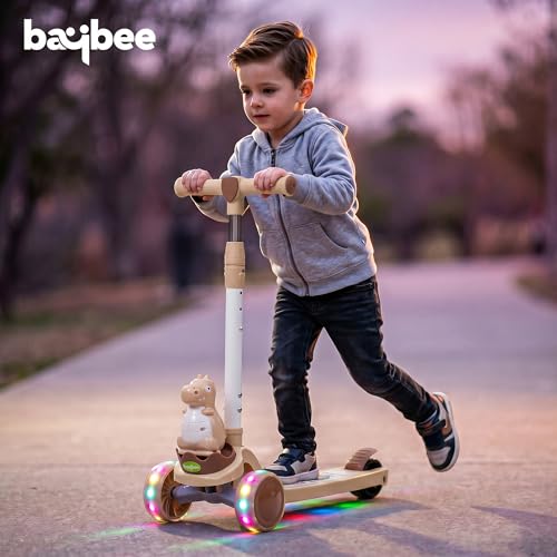 Image of Baybee Dino Blaze Kick Scooter for Kids | 3 Wheel Skate Scooter with RGB LED Wheels & Music | 3 Height Adjustable T-Bar Handle & Rear Brake | Foldable Skate Scooter for Kids 3 to 8 Years (Khaki)