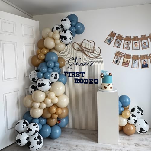 Image of Cow Print Balloons, 12 Inch Cowboy Dusty Slate Blue Brown Yellow Sand White Latex Party Balloon Western Balloons for Kids Boys First Rodeo Baby Shower Farm Country Wild West Birthday Party Decorations