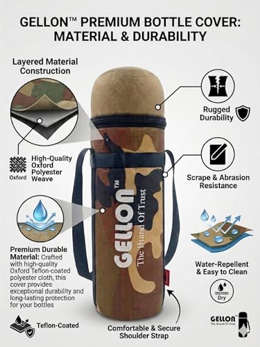 Image of Gellon Zip Bottle Cover In Teflon Coating Polyester Cloth For 750 ML, 1 L to 1.5 Litre Water Proof Drawstring Closer For Travel, Hiking, Office & School Kids In Military 1 Pattern
