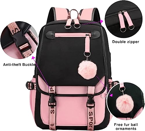 Digi4U Girls Backpack Middle School Students Bookbag with Lunch Box Set,School Backpack with USB Charge Port for Teens Girls Women 3+ Years(Blackpink)4