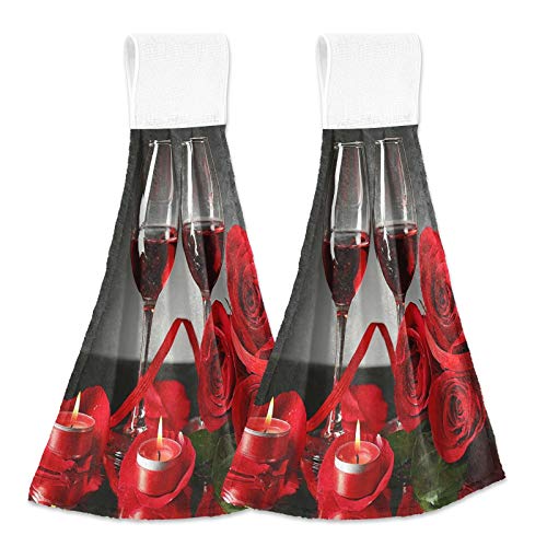 Red Wine In Glasses Red Rose Candle 2 Pcs Hanging Kitchen Hand Towels, Hanging Tie Towels With Hook & Loop Washcloth Dishcloths Sets Decorative Absorbent Tea Bar Bath Hand Towel #TOP6