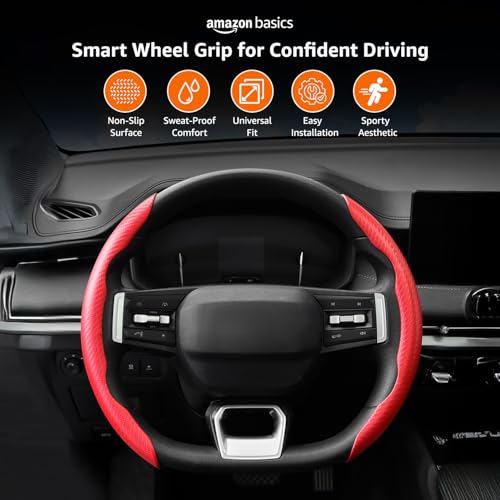 Image of amazon basics Car Steering Wheel Grip | Red | Carbon Fiber | Non Slip | Sweatproof and Anti-skidding