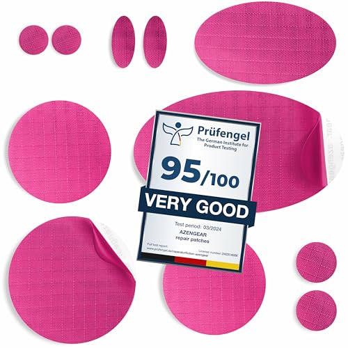 aZengear Repair Patches for Down Jackets - Waterproof, Pre-Cut, Self-Adhesive, Tear-Cold-Heat-Resistant Nylon Polyester Fabric to Fix Puffer Coats, Gear, Tents (11 Pcs, Dark Pink)
