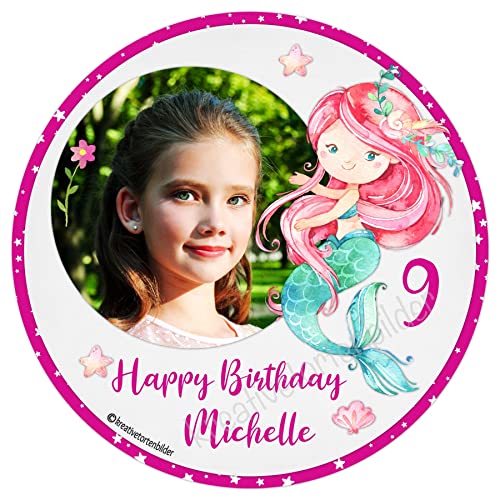 Tortenaufleger Tortenbild Geburtstag MEERJUNGFRAU in Rosa / Lila mit Foto Mädchen Fondant Tortenfoto personalisiert Name und Text anpassbar von 20-28cm Cover