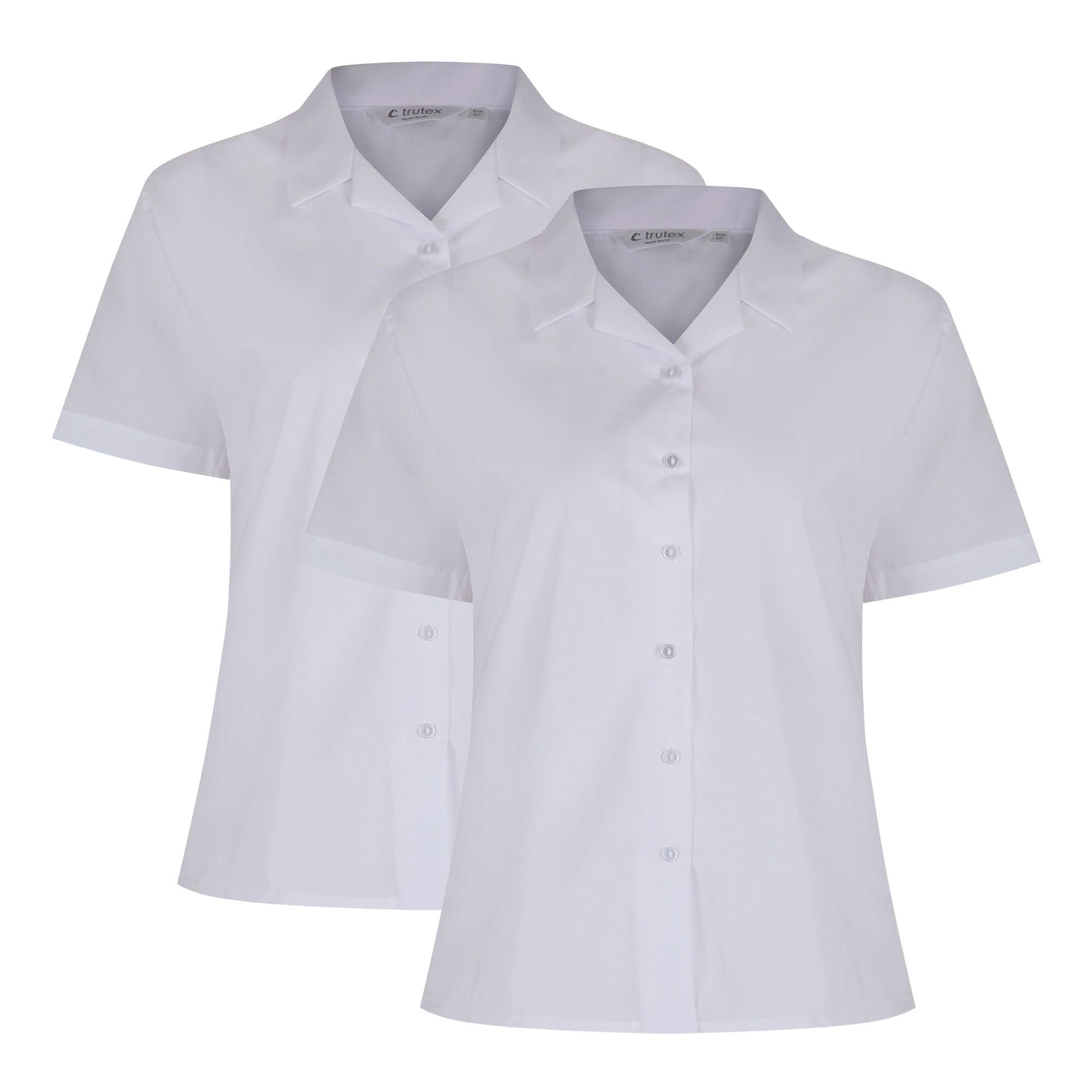 Trutex Girls White School Shirts, Multipack – Short Sleeve Standard Fit Revere Collar Cotton-Rich Non Iron School Blouses for Girls – Age 11 (2 Pack)