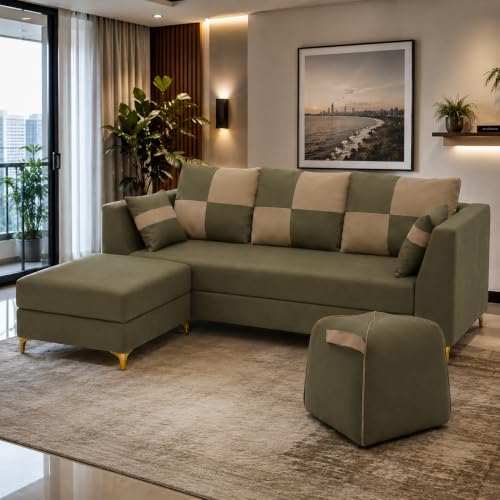 Image of FURNY Signature Cresta 5-Seater L-Shape Sofa Set with Movable Ottoman & Suri Pouf | Flexible LHS /RHS Layout | Boston Fabric | 40D Foam + Zigzag Spring | 3-Yr Warranty (Olive Green - Beige)
