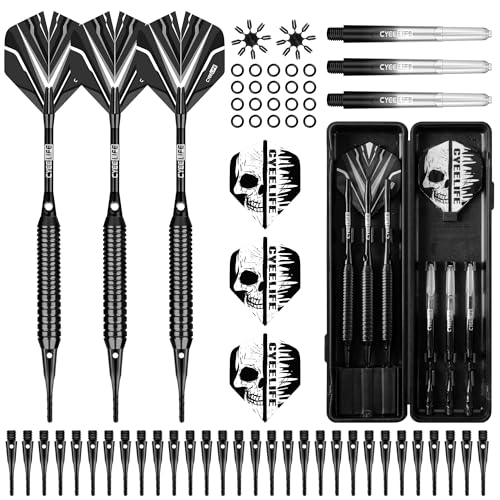 CyeeLife Juego de dardos de punta suave con cañón de latón, dardos profesionales de punta de plástico, ejes de aluminio/PC + 6 plumas + 30 puntas suaves + 20 anillas en O + 2 protectores de plumas + 1