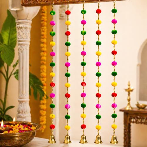 Image of Bindian Multicolor Pom Pom Beads & Golden Bell Toran for Main Door, Pack of 5 Door Hanging Decorative Items, Home Decor Wall Hanging Decoration, Pooja Room Decor, Festival Decoration