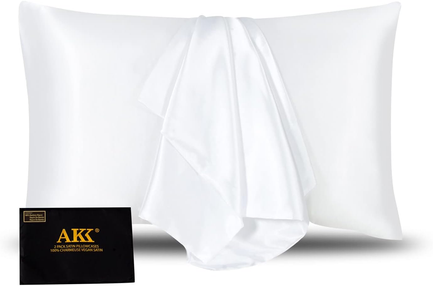 AKK Satin Pillowcase for Hair and Skin - Super Soft Silky Pillowcase 2 Pack - King Size Pillow Cases Set of 2 - Cooling Satin Pillow Cover with Envelope Closure - Luxury Gift Package (White)