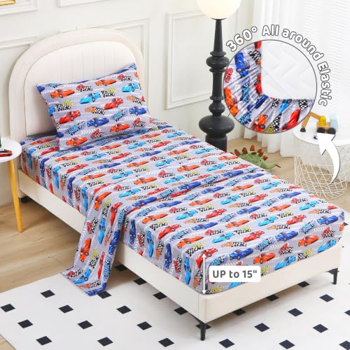 Image of Viviland 3 Pieces Boys Race Twin Sheet Set - Soft Microfiber Fitted Flat Sheets & Pillowcase Bed Sheet Set - Grey Race Print Bedding Sets for Kids