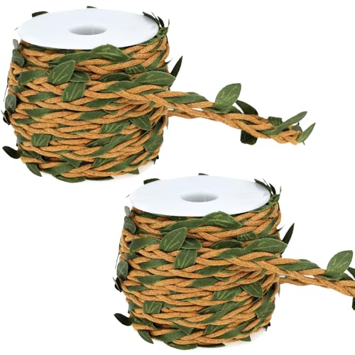 Eco-Friendly Wax Cord & Fabric Green Leaf Design Twine - 66ft Length for DIY Crafts, Gardening Decor, Artistic Projects, Home, Wedding & Party Decorate (Khaki)