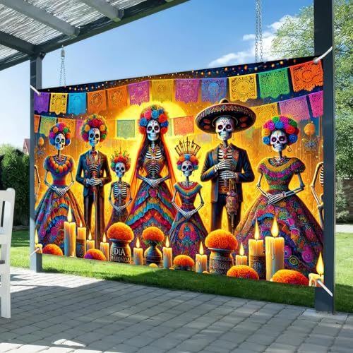 BlissYard Da de los Muertos Banner 71x43 Inch Day of the Dead Skeleton Family Backdrop with Marigold s Papel Picado and Colorful Costumes Mexican Halloween Decorations Wall Porch Party