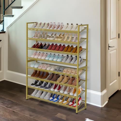Image of Large Shoe Rack 8 Tier Shoe Organizer, Heavy Duty Metal 4-Tier Stackable Shoe Storage Vertical Shoe Rack for Closet Front Door Entrance, Up to 50 Pairs, 44.8 inch W x 11.4 inch D x 56.7 inch H, Gold