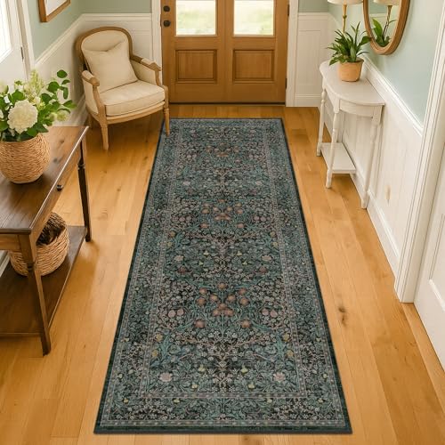 8ft Vintage Floral Dark Green Runner