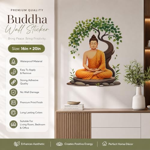 Image of Rangoli Buddha Wall Sticker Self-Adhesive 16 x 20 Inch Waterproof Wall Decor for Living Room Bedroom Office Meditation Buddha Tree Wall Decal