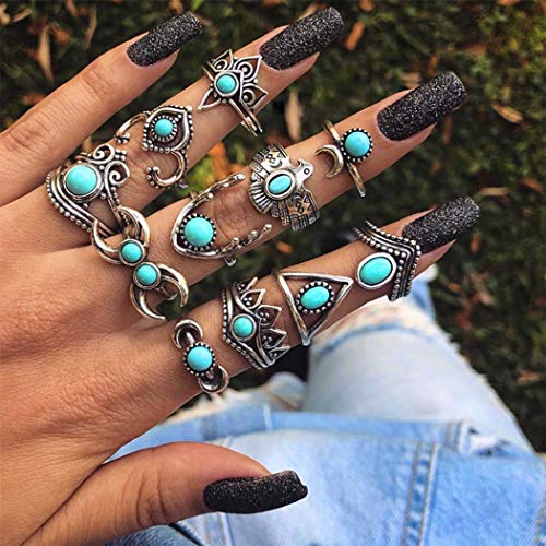 Yean Boho Turquoise Rings Set Silver Moon Stackable Jewelry Joint Knuckle Ring para mujeres y niñas (11 piezas)