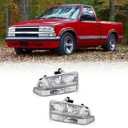 Headlight Assembly Compatible with 1998 1999 2000 2001 2002 2003 2004 Chevy S10/Blazer (CHROME+WHITE SIDE)