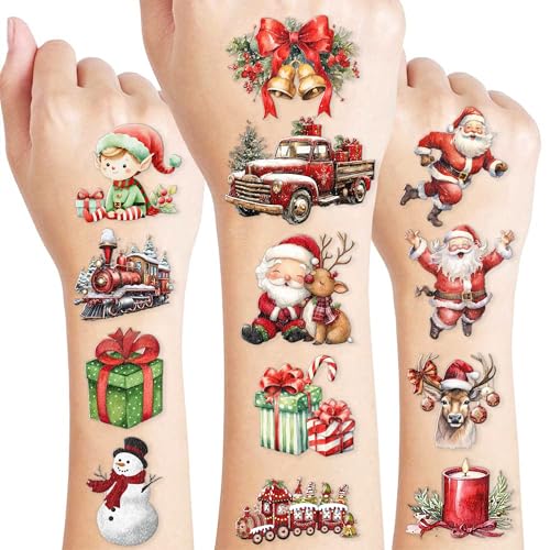 96PCS Christmas Temporary Tattoos Stickers Pre-Cut Themed Christmas Birthday Party Decorations Supplies Favors Decor Winter Xmas Santa Claus for Women Kids Adults Gifts Prizes Rewards