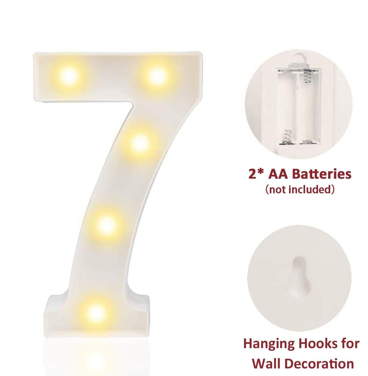 8.8" Decorative LED Light Up Numbers, Marquee Numbers Lights for 7th Birthday Decorations, Lighted Number Sign for Birthday Party Night Lights Wedding Anniversary Home Wall Decor, White Number 7 — view 4