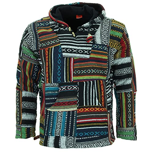 Image of LOUDelephant Unisex Baja Hoodie - Red Green Large - Cotton Canvas Festival Jacket - Boho Hippie Zip-Up Hoody with Kangaroo Pockets - Ethnic Handmade Fleece-Lined Top
