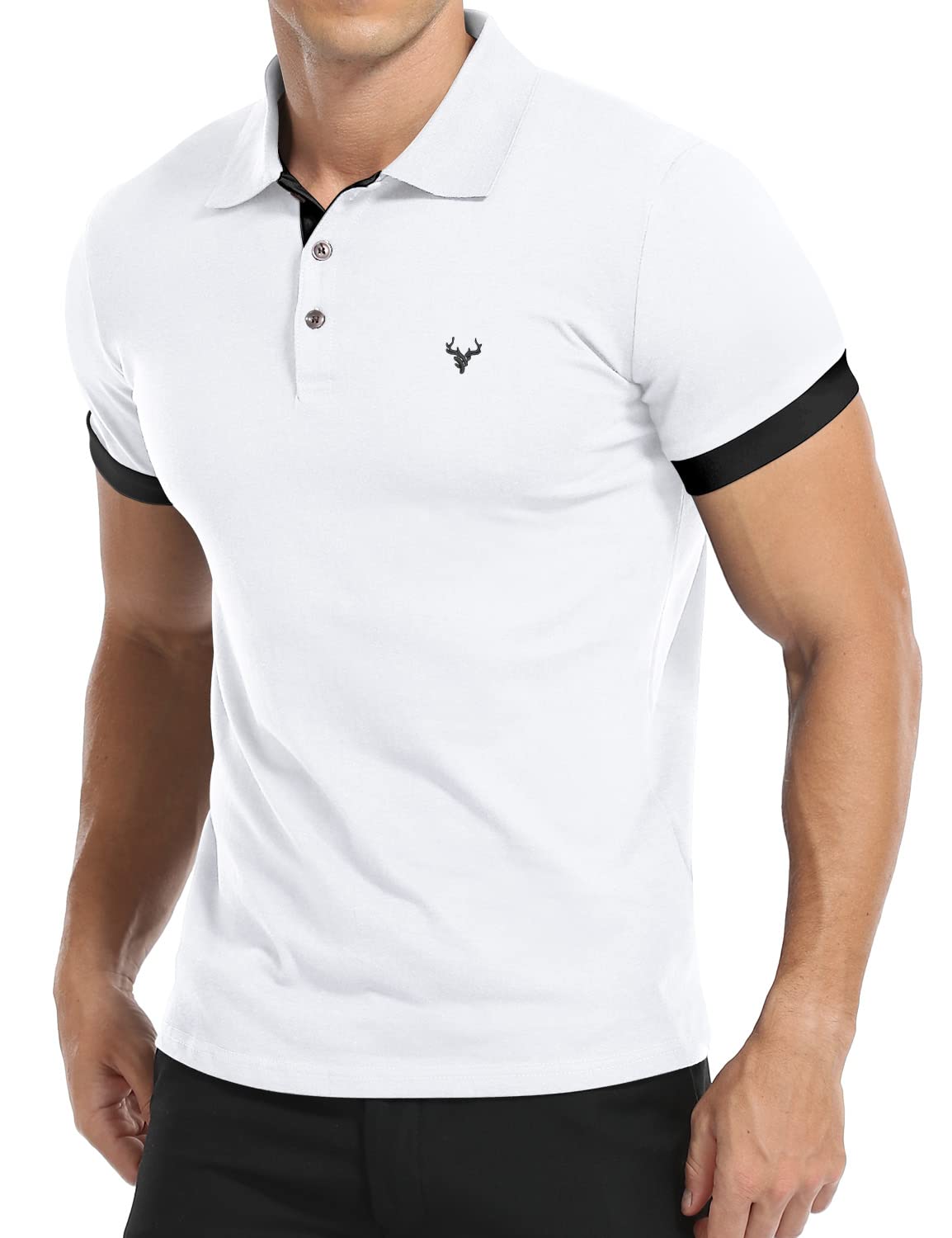 KUYIGO Herren Kurzarm-Poloshirt Gestickter Hirschkopf Slim Fit Baumwolle Golf-Sporthemd S-XXL