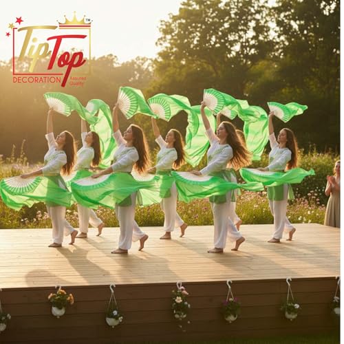 Image of Premium Dancing Long Veil Bamboo Folding Streamer Silk Hand Fan For Dance Shows (Monarch Green, Pack of 1 Piece)