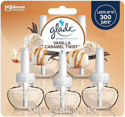 Glade PlugIns Refills Air Freshener, Scented and Essential Oils for Home and Bathroom, Vanilla Caramel Twist, 3.35 Fl Oz, 5 Count Glade PlugIns Refills Air Freshener, Scented and Essential Oils for Home and Bathroom, Vanilla Caramel Twist, 3.35 Fl Oz, 5 Count