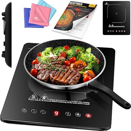 KESSER® Placa de inducción 1 placa 2100W Placa portátil de 28cm + 3 paños de microfibra + 1x libro de recetas, 9 ajustes de calor, temporizador, control táctil, función booster