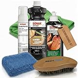 Craft-Equip Leder-Reinigungs-Set bestehend aus dem SONAX 1000ml Profiline Leather Cleaner + SONAX 250ml LederPflegeLotion + SONAX Foamsprayer + Zubehör (Microfasertuch, Lederbürste, Applikator)