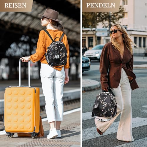 Eshow Rucksack Damen Klein, Kleiner Cityrucksack Tagesrucksack Elegant, 3-in-1 Anti-Diebstahl Rucksacktasche mit RFID Blocker, Clutchbag & Karabiner Modern für Pendeln Schule Arbeit Reise Schwarz