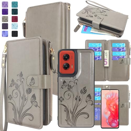Lacass Case Wallet for Motorola Moto G Stylus 5G | 2024 |, [12 Card Slots] ID Credit Cash Holder Zipper Pocket Detachable Leather Wallet Cover with Wrist Strap Lanyard?Floral Gray?