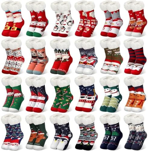 Jeyiour 24 Pairs Christmas Fuzzy Slipper Socks for Women Plush Fleece Sherpa Warm Non-slip Holiday Socks Gift Bulk for Cozy Xmas Winter Holiday Party Decoration