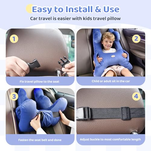 Image of FLORICH Kids Travel Pillow, Car Sleeping Travel Pillow for Kids, Washable H-Shaped Pillow for Adults and Children to Support Head and Body for Road Trips Pillow for Car (Blue)