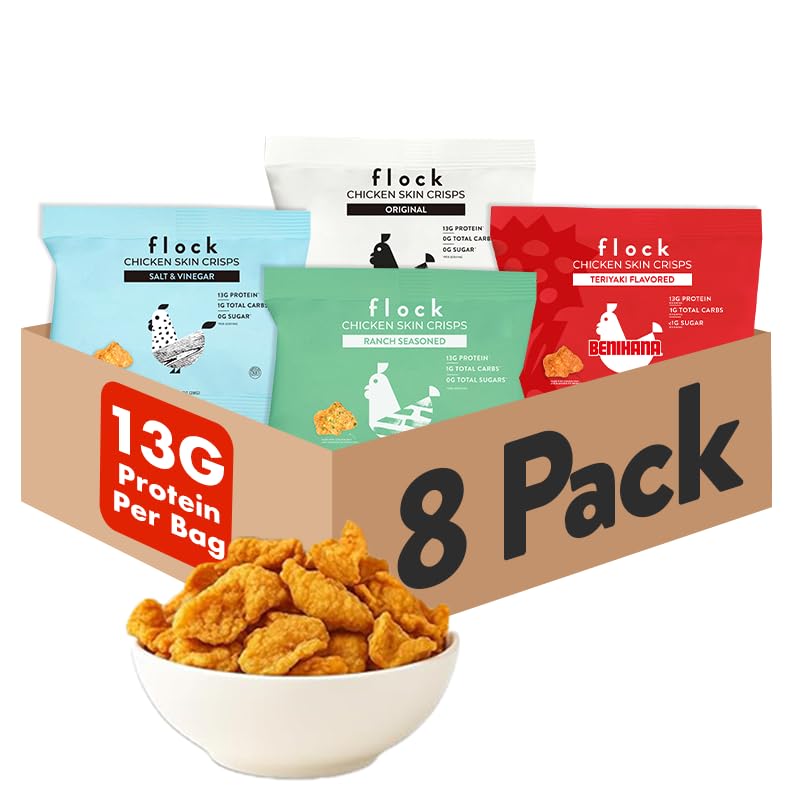 Flock Keto Chicken Skin Chips – Sampler Bundle 4 Flavors, Low Carb, High Protein, Gluten-Free Chicken Crisps, Keto Snack, Low Carb Chips, Protein Crackers, Diet Snacks, 8-Pack (1oz)