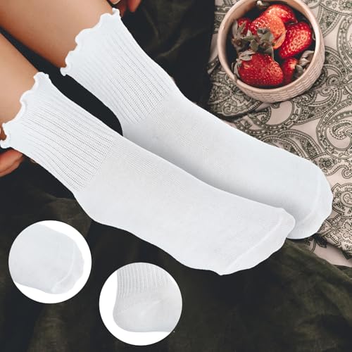 Image of Ptwola 6 Pairs Women Ruffle Socks Cute Ankle Boot Frilly Socks White Soft Knit Cotton Crew Dress Sock Lettuce Trim Stockings for Teen Women Elastic Slouchy One Size Boot Leather Shoes