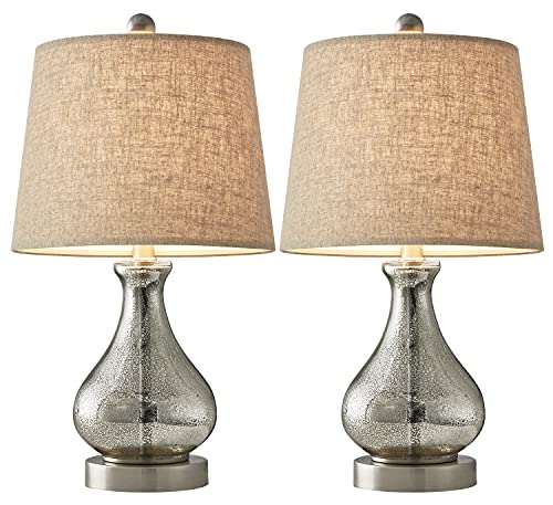 Oneach Table Lamps Set of 2 for Living Room 20" Modern Glass lamp Gourd Linen Drum Shade for Bedroom Bedside Night Light Lamp Mercury Silver