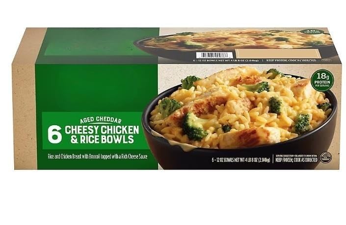 Aged Cheddar Cheesy Chicken and Rice Bowl. Enjoy delicious rice and premium chicken breast with broccoli florets topped with a rich and creamy aged cheddar cheese sauce for an irresistible frozen meal that everyone is sure to love. This comforting microwavable meal comes in a serving bowl made from plant-based fiber and contains 18 grams of protein per serving with no preservatives and no artificial flavors or colors.6 pk [ 64 oz , 4 lb ]