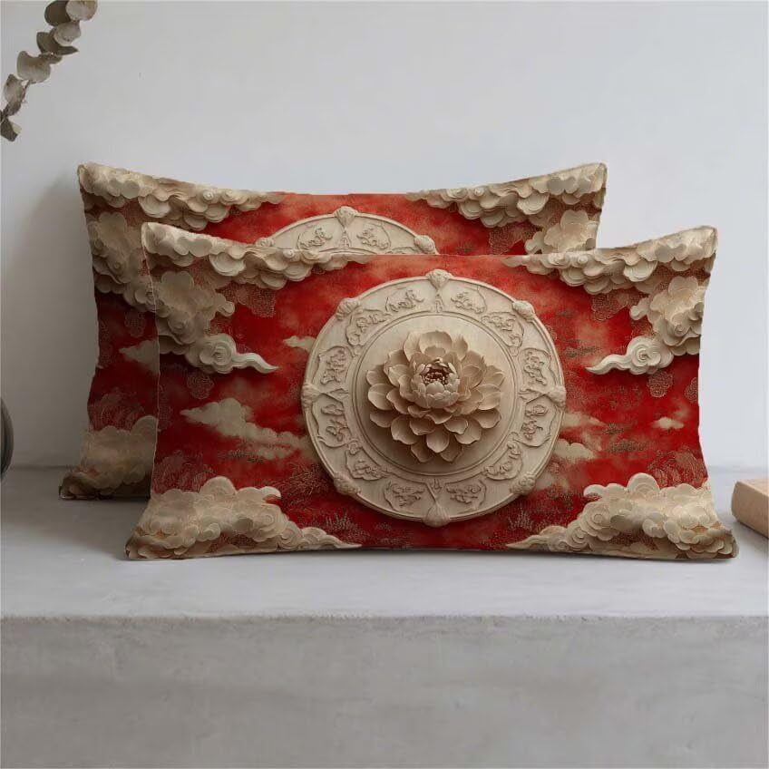 Housse coussin 70x90 rectangulaire en lin imperméable rouge double face - 3