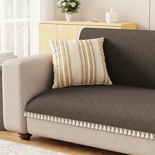 Image of Lukzer Quilted Sofa Cover Mat with Tassels for 1 Seater Sofa - Chocolate Brown | Soft Washable Anti-Slip Protector for Living Room | Furniture Cover for Back-Seat Slipcover 60X150CM / SC-192-1T