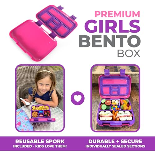 Image of kinsho Bento Lunch Box for Kids Toddlers Girls, 5 Portion Sections Secure Lid, Microwave Safe BPA Free Removable Tray, Pre-School Kid Daycare Lunches Snack Container Ages 3 to 5, Pink Purple