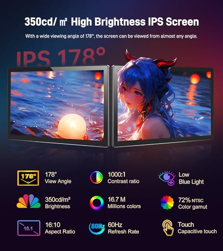 Image of 10.1 inch Portable Touchscreen Monitor, Screen Extender 1920x1200 IPS Travel Small Monitor with Cover, USB-C HDMI Computer Touch Screen Display for Laptop Windows PC, PS5 /4 Xbox No Touch